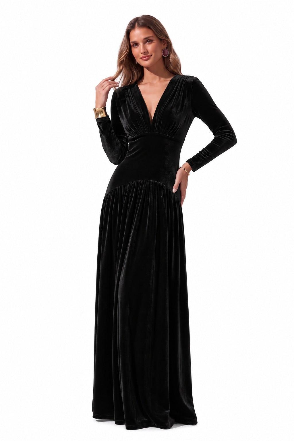 A-Line Floor Length Velvet Special Occasion Dress CS1097 - Black - COCOMELODY